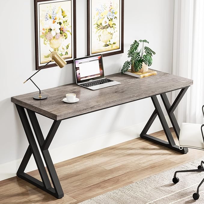 Tribesigns Writing Computer Desk, 55 inch Heavy Duty Study Desk with Z-Shaped Metal Leg, Modern Simple Home Office Computer Desk, Grey