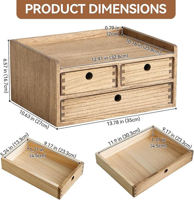 KIRIGEN Desk Organizer with Drawers - Wood Drawer Storage Box with Trays for Tabletop - Workspace Office Toiletries Supplies Tool Caddy - Wooden Storage Cabinet Dark Brown(DT2D3C-DBR)