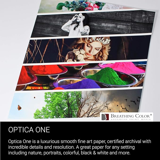 Optica One is a Luxurious 300 gsm Smooth Matte Fine Art Inkjet Paper Featured in a 17"x10' Roll; Its Bright White Color Makes It Ideal for Black and White and Color Prints. 100% Archival Certified