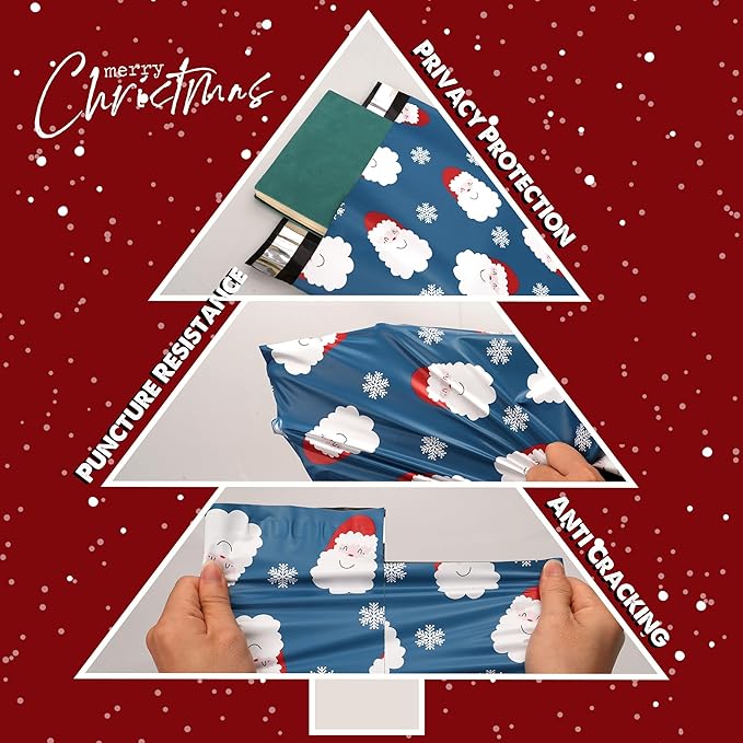 Christmas Poly Mailer - 10x13 Inch, 25 Pcs Waterproof, Tear-Resistant Mailer Bags with Self-Seal - Santa Claus and Snowflakes Printed