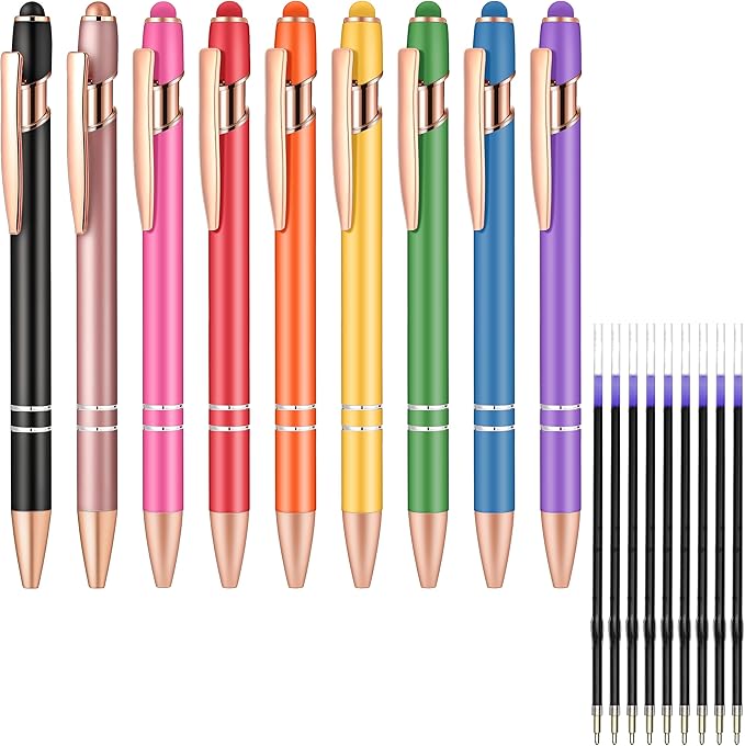 Aozora 18 Pack Ballpoint Pens Smooth Writing 2-in-1 Stylus Retractable Ballpoint Pen with Stylus tip Office Decor Metal Stylus Pen for Touch Screens 1.0mm Black Ink (9 Pens with 9 Refills)