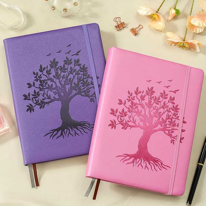 ZXHQ A5 Bullet Dotted Journal Notebook - 150gsm Thick Paper, 256 Pages, Dot Grid Hardcover, Tree of Life Design, Fine Inner Pocket - 5.9" × 8.5" Purple