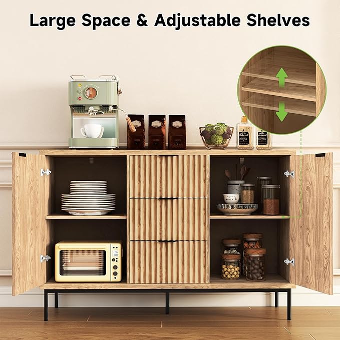 Real Relax Fluted Sideboard Cabinet, Sideboard Buffet Cabinet with Storage, Modern Credenza 2 Doors 3 Drawers, Coffee Bar Buffet Table for Dining Room, Kitchen, and Living Room, Oak