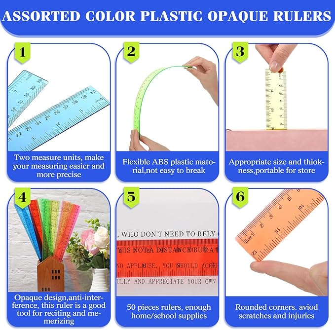 Zonon 50 Pcs 6 Inch/12 Inch Plastic Rulers Bulk Flexible Straight Rulers with Inches Centimeters First Day of School Gift Students Back to School Office Home Supplies(Clear Colorful,12 Inch)