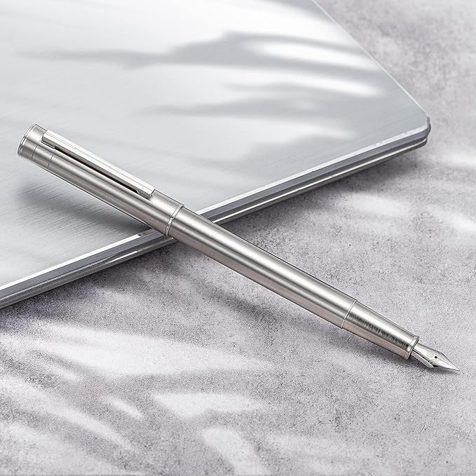 Hongdian 1861 Stainless Steel Fountain Pen Fine Nib, Classic Design Smooth Writing Pen with Converter and Metal Pen Case Set