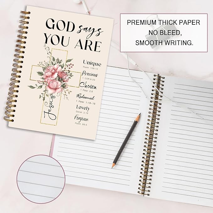 Bible Notebook, A5 Spiral Christian Journal with Floral Pink Butterfly Notebook, Bible Verse-God Says You Are, Inspirational Notebooks for Women, Bible Study, Gift for Birthday Christmas