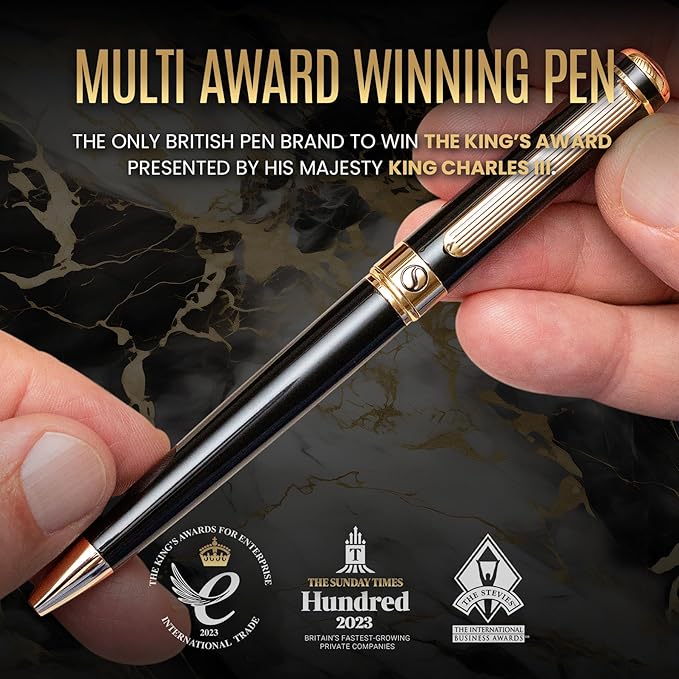 Scriveiner Personalized Black Ballpoint Pen - Stunning Luxury Pen, Jet Black Lacquer, Real Gold Plating, Schmidt Ink Refill, Best Engraved Ball Point Gift Set for Men & Women, Custom Name Engraving
