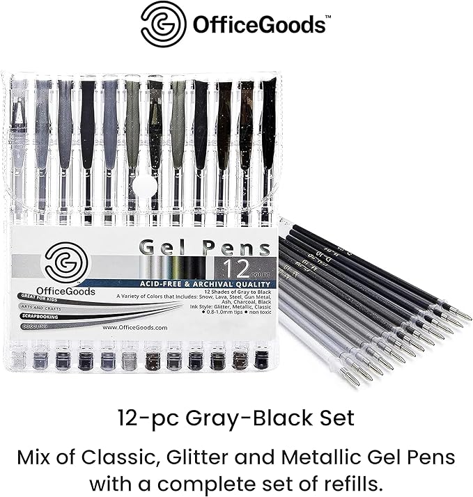 OfficeGoods Grey & Black Gel Pens with Refills – Glitter Metallic Classic – Medium 0.8-1.0mm Tips – Non-Toxic Gel Pens Set – Quick Dry Smudge-Free 12 Pack Colors