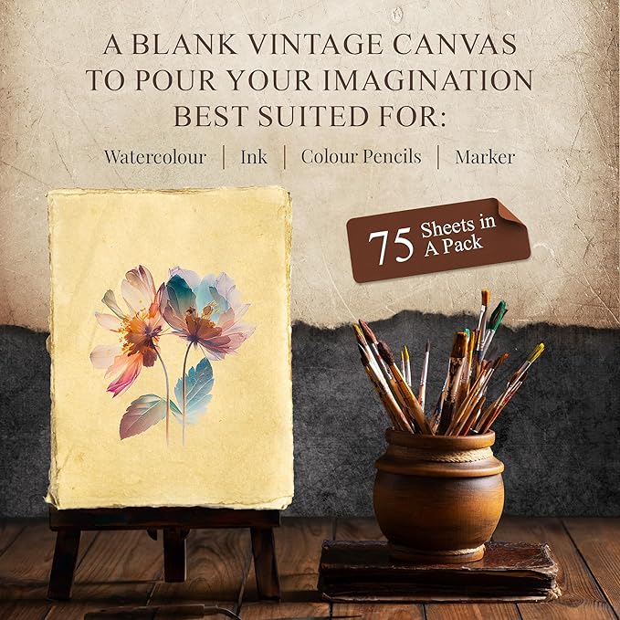 NomadCraftsCo. Blank Vintage Handmade Deckled Edge Paper | 75 Sheets of Recycled Cotton Papers, Perfect Sheet for Any Medium, Blank Watercolor Paper Cards, 150 GSM Thick & Acid-free Antique Paper