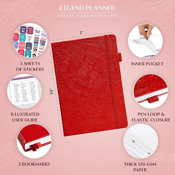 Legend Planner PRO – Deluxe Weekly & Monthly Life Planner to Increase Productivity and Hit Your Goals. Time Management Organizer Notebook – Undated – 7 x 10" Hardcover + Stickers – Red
