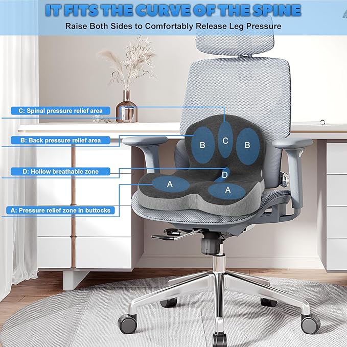 Buttocks Cushion for Office Chair Memory Foam Seat Pad for Butt Support Tailbone Relief Ergonomic Chair Cushion for Home Car Travel or Work (Blue and Gray Patchwork Color)