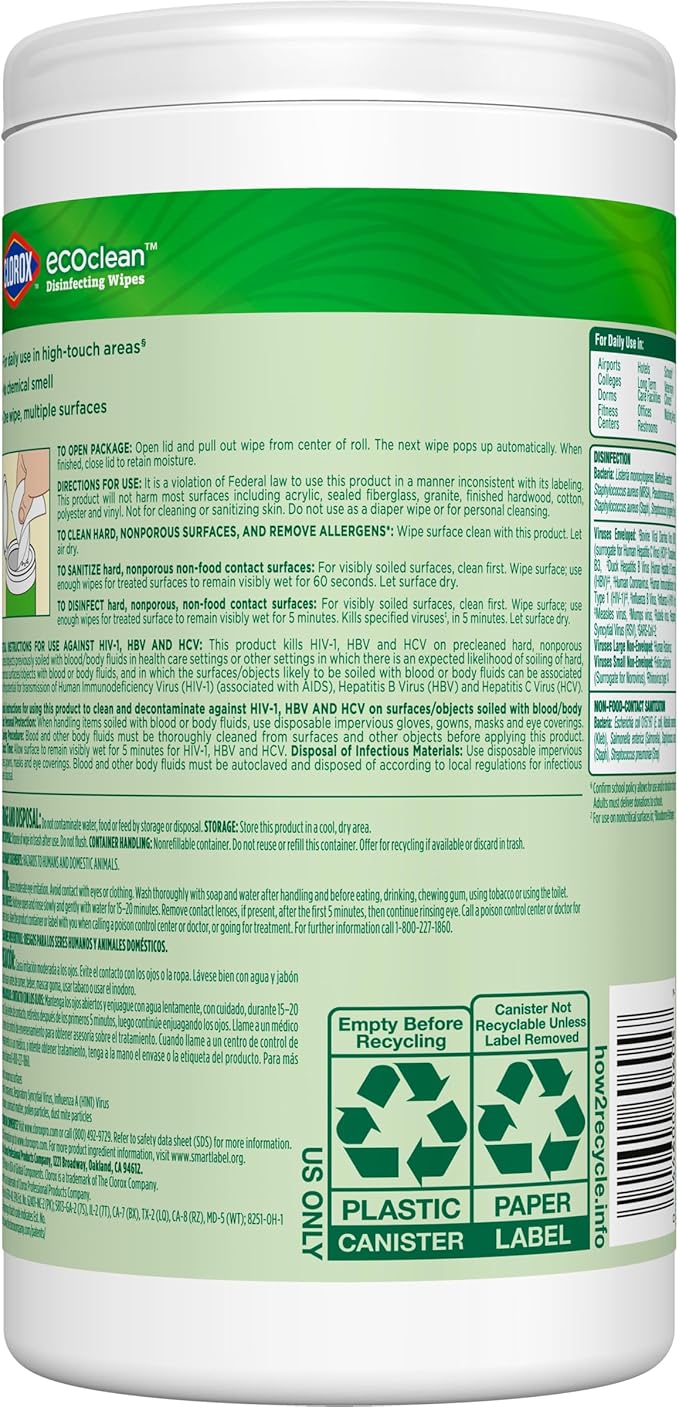 CloroxPro Clorox EcoClean Disinfecting Wipes, Multipurpose 100% Plant Based Cleaning Cloths, Antibacterial Disinfectant, Safe for Multi Surface Use, 75 Count (Pack of 6)