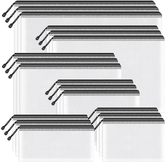 Umriox Zipper Mesh Document Pouch, 6 Assorted Size (Black, 18 Packs), Clear Zipper Pouches, Waterproof Travel Pouch for Office Supplies, Puzzles, Board Games and Craft Projects