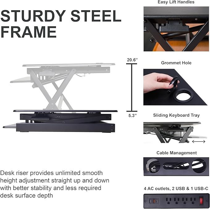 Rocelco 40" Large Height Adjustable Standing Desk with AC Outlet USB Charger and Floor Stand BUNDLE - Tall Dual Monitor Riser Computer Workstation - Keyboard Tray - Black (R DADRB-40-ACUSB-FS2)