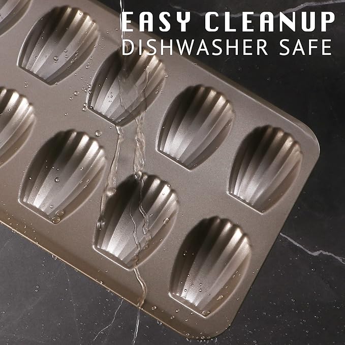 HONGBAKE Nonstick Madeleine Pan 2 Pack 12-Cavity Heavy Duty Madeleine Cookies Trays for Oven Baking, Warp Resistant Shell Shape Madeleine Mold Cake Pan, Champagne Gold