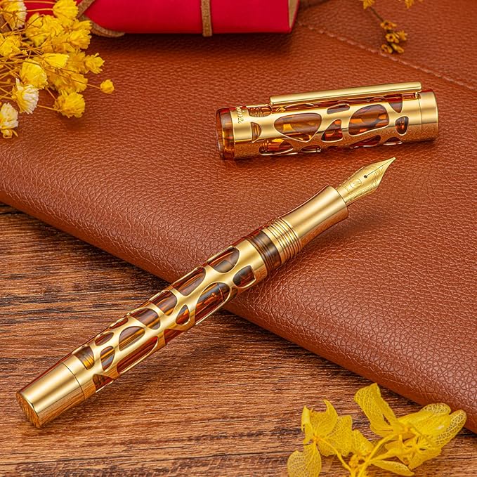 Asvine V169 Vacuum Filling Fountain Pen Iridium Fine Nib, Water Drop Skeleton Gold Trim Transparent Coffee Acrylic Pen Case Set