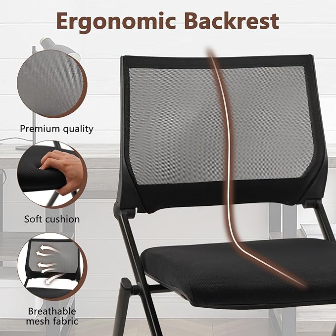 CLATINA Stackable & Foldable Conference Room Chairs, Waiting Room Chairs with Wheels & Lumbar Support, Ergonomic Mesh Bouncing Back Folding Chair for Office Meeting Schools Training Room, Black(2pk)