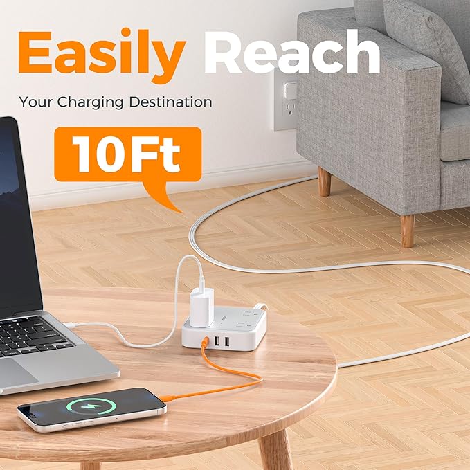 Surge Protector Power Strip, TESSAN Ring Pull Flat Plug Extension Cord 10 Ft with 3 USB (1 USB C) 4 Outlets, 900 Joules Protection, Desktop Charging Station for Home, Office, College, Dorm Room, Gray
