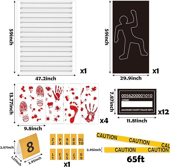 TICIAGA 29pcs Crime Scene Decors Kits, Body Silhouette Crime Scene Tape Evidence Markers and Bloody Sticker and Photo-Booth Props with Height Chart Backdrop Poster, Home for Crime Scene Party Decors
