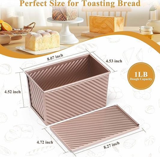 LIANYU Pullman Loaf Pan with Lid, 1 LB Dough Capacity Nonstick Bread Baking Loaf Pan, Carbon Steel Corrugated Bread Toast Box Tin for Homemade Sandwich, Rose Gold