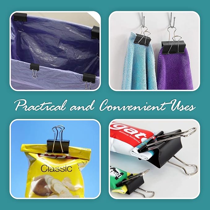 Binder Clips - 24 Medium Binder Clips, 1.25 Inch Black Paper Clamps, File Clip for Home, Office and School Supplies