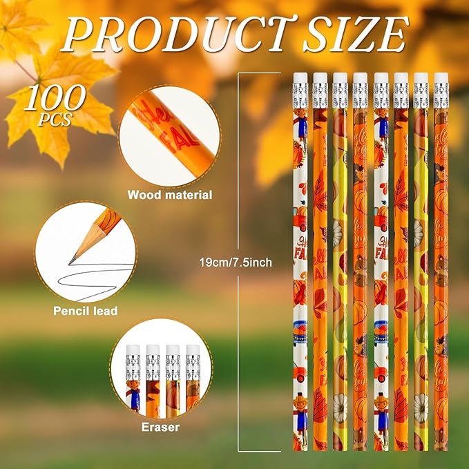 Cinrobiye 100 Pieces Fall Thanksgiving Day Pencils with Eraser Holiday Fall Maple Leaf Autumn Pumpkins Wood Scarecrow Acorns Pencils for Harvest School Party Gift Supplies