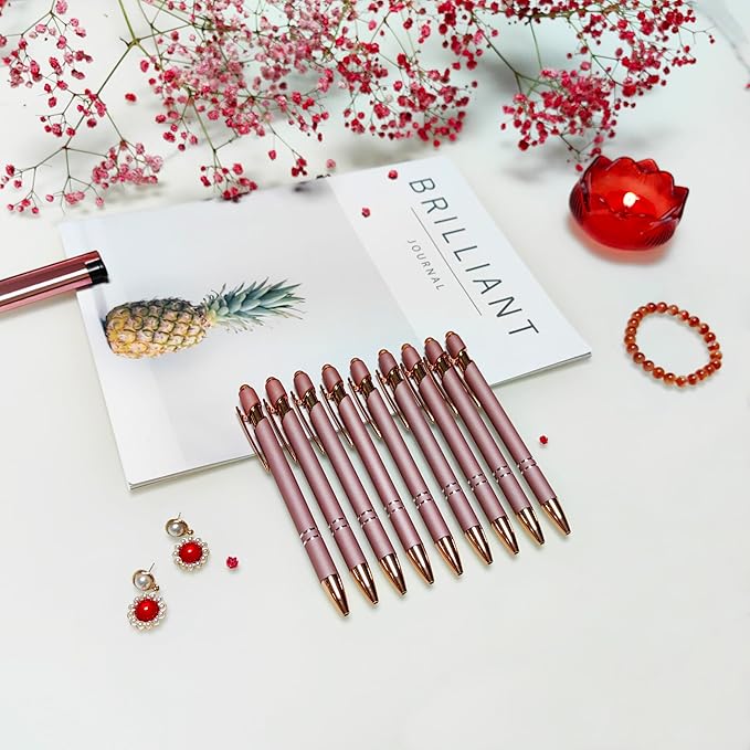 Aozora 9 Pack Ballpoint Pens Smooth Writing 2-in-1 Stylus Retractable Ballpoint Pen with Stylus tip, Office Decor Metal Stylus Pen for Touch Screens, 1.0 mm Black Ink (Rose Gold)