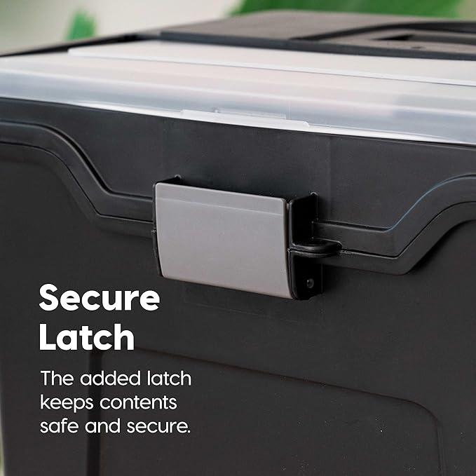 IRIS USA File Box with Lid File Organizer for Letter File w/ Organizer-Lid, Water Resistant Document Box, Plastic Mobile Filing Organizer, Secure Buckle, Portable Handle, Lockable, Black 4 Pack