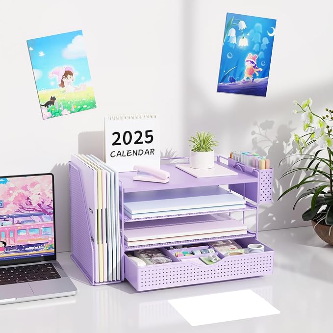 Wood Desk Organizers and Accessories with File Holder, 4-Tier Desk Accessories & Workspace Organizers with Drawer and Pen Holder, Paper Organizer for Office Supplies (Purple)