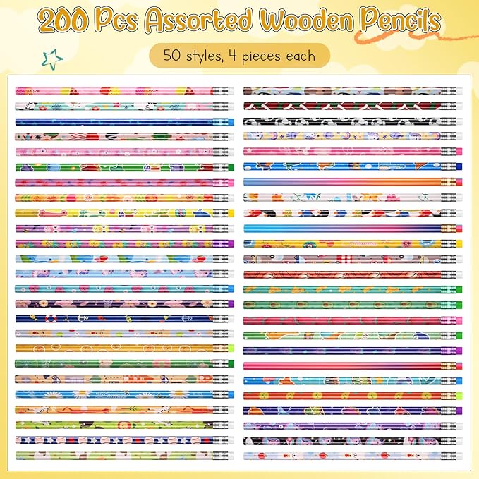Sabary 200 Pcs Assorted Wood Pencil Bulk 50 Styles #2 HB Colorful Novelty Fun Dinosaur Animals Fruits Sports Pencils with Erasers Back to School Supplies for Kids Student Teacher Classroom Reward