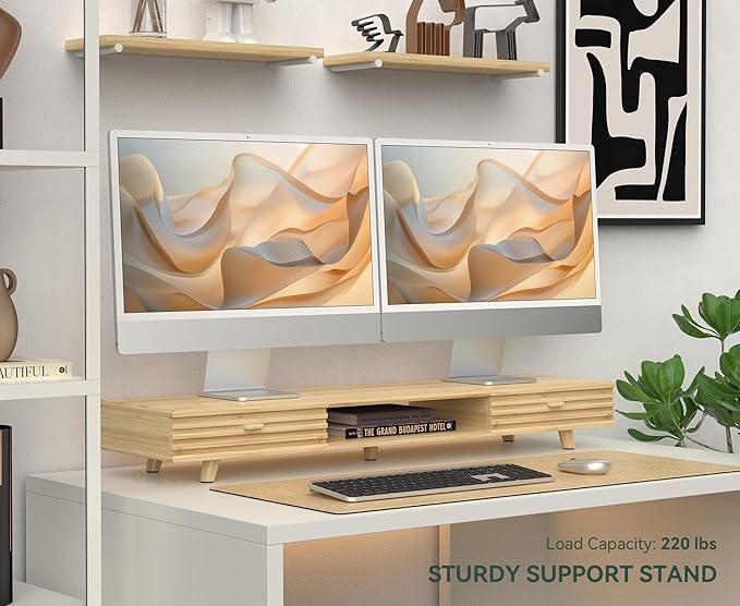 Bamboo Monitor Stand with Drawer - Desk Organizer with Cable Management & Storage, Ergonomic Laptop Riser for Home Office (220lbs Capacity, 39 inch ,Natural)