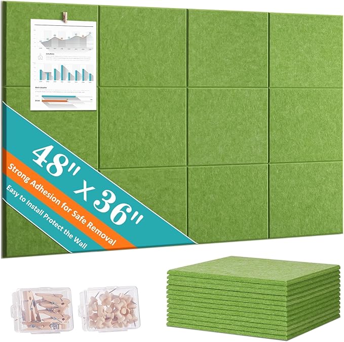 Large Cork Board for Walls 48" x 36" - Green Bulletin Board - 12 Pack Felt Wall Tiles with Safe Removable Adhesive Tabs - Corkboard for Office School Home Decor - Sage Green