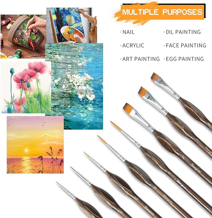 8 Pieces Exquisite Detail Paint Brush Set with Copper Tube and Special Double - Wire - Binding Process,Birch Wood Pen,Triangular Grip. Suitable Oil, Watercolour, Acrylic, Digital Painting