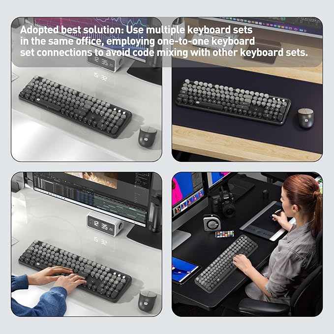 Wireless Keyboard and Mouse Combo, 104 Round Keys Cute Colorful Cordless Keyboard and Mouse with Retro Typewriter Black