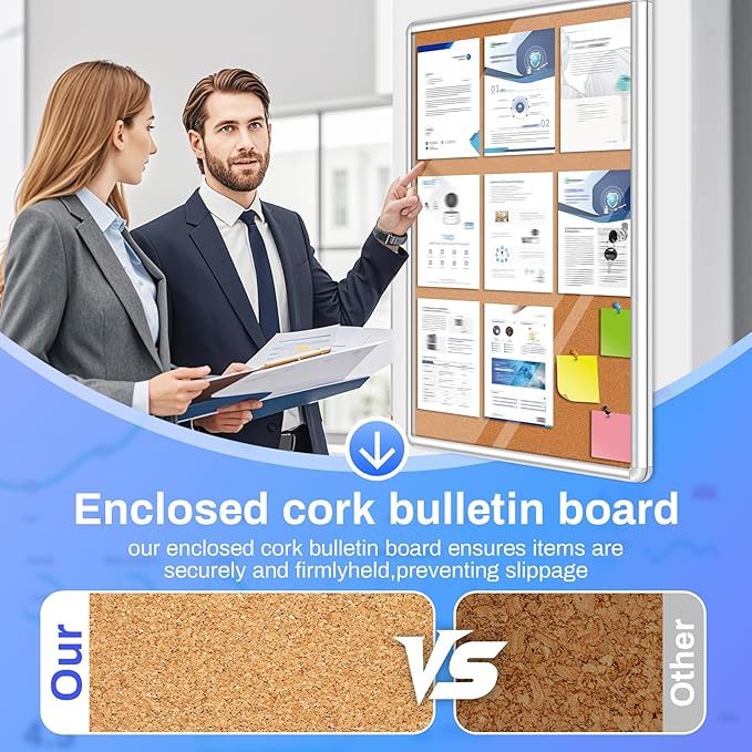 Magula 36"x24" Enclosed Cork Bulletin Board Tamper-Proof Dispaly Case, Aluminium Frame, Shatter Resistant Lockable Bulletin Board, Enclosed Cork Board for School, Office, Commercial, Hospital etc