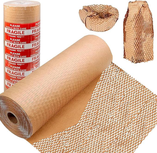 Honeycomb Packing Paper, 12" x 400' Honeycomb Cushioning Wrap Roll for Moving Shipping Packaging Gifts, Recyclable Honeycomb Paper Bubble Paper Wrapping with 20 Fragile Sticker Labels