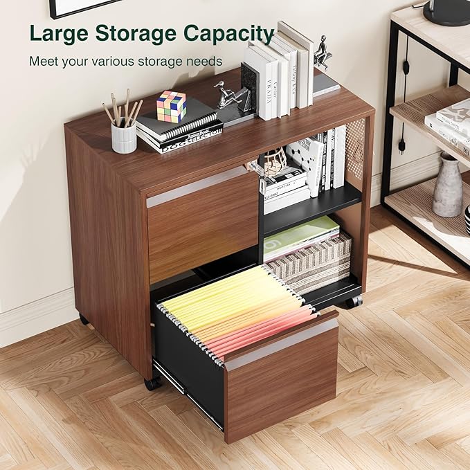 2 Drawer Mobile File Cabinet,Metal File Cabinet with Lock,Lateral Printer Stand Filling Storage Cabinet for Home Office-A4/F4/Letter(Wood