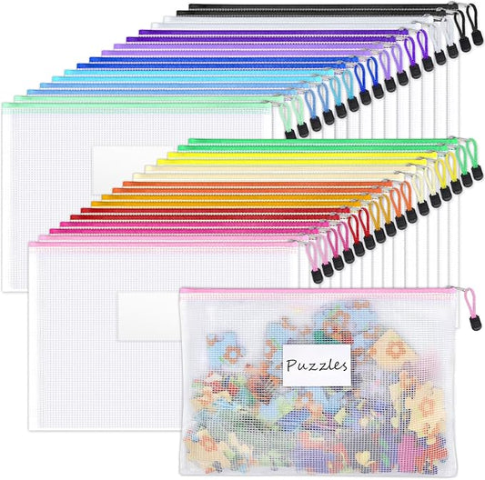 Sooez 32 Pack Mesh Zipper Pouch Bags, A4 Letter Size, Zipper Bags with Label Pocket, Waterproof Pouches for Classroom Organization, Board Game Storage, Document Bag for Teacher School Office Supplies