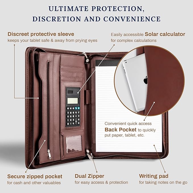Cossini Premium Business Portfolio with Zipper – Padfolio - Superior Business Impressions Begin with PU Vegan Leather, 10.1 Inch Tablet Sleeve, Smart Storage, Solar Calculator, Writing Pad -Brown