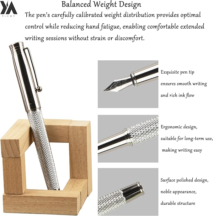 Fancy Fountain Pen Set – Fine & Medium Nibs, Includes 18 Ink Cartridges, Ink Converter, Syringe Filler, Luxury Gift for Writing, Journaling & Calligraphy,Silvery