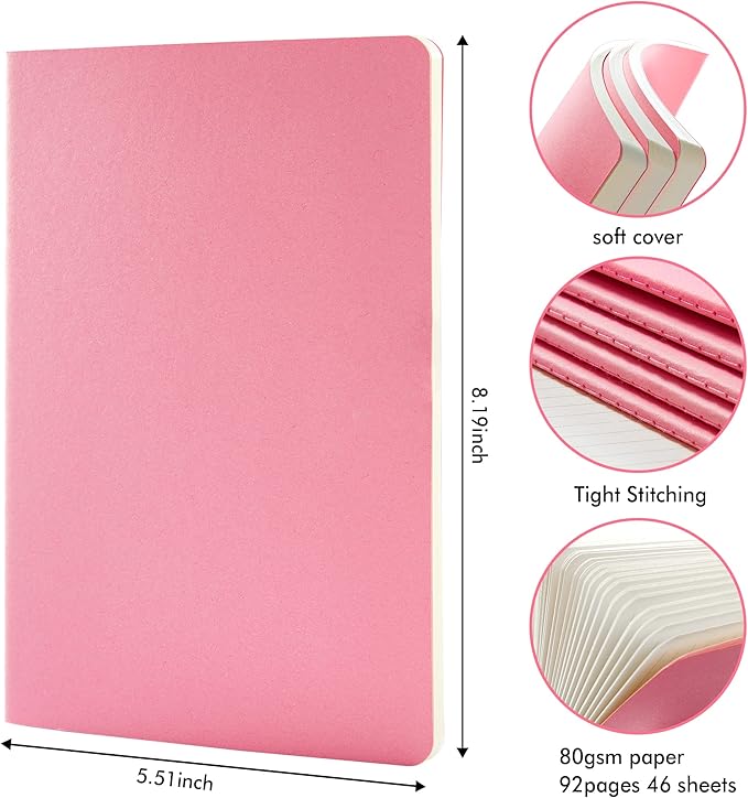 feela 16 Pack Soft Cover Journal Bulk, Lined Notebooks College Ruled for Work for Women Girl Writing, Blank Travel Journal Note Taking Notebook School Business Supplies, 8.2” x 5.5”, A5, Pink