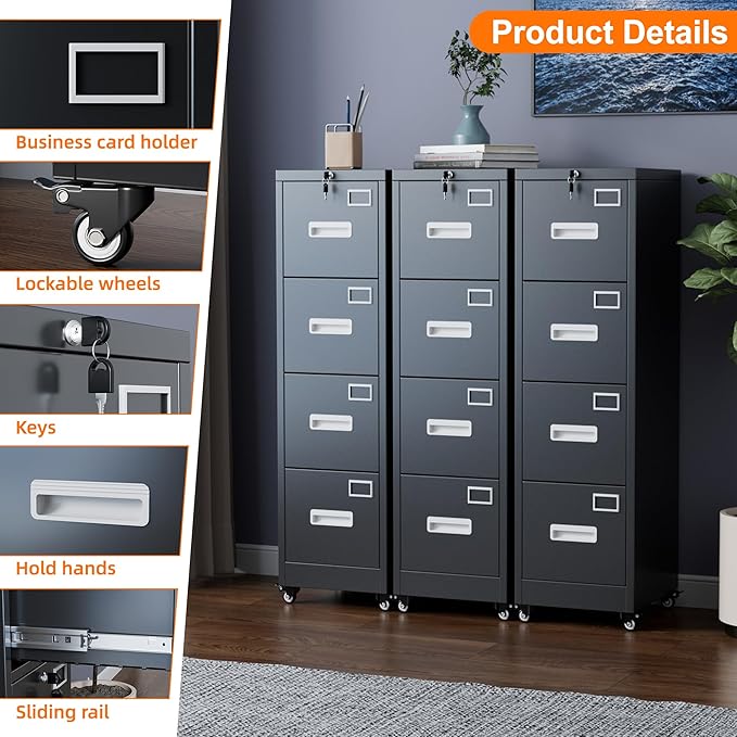 Aobabo 56" H 4 Drawer Moblie File Cabinet with Lock, Metal File Cabinet for Home Office with Wheels, Storage Legal/Letter A4 Size, Black, Assembly Required