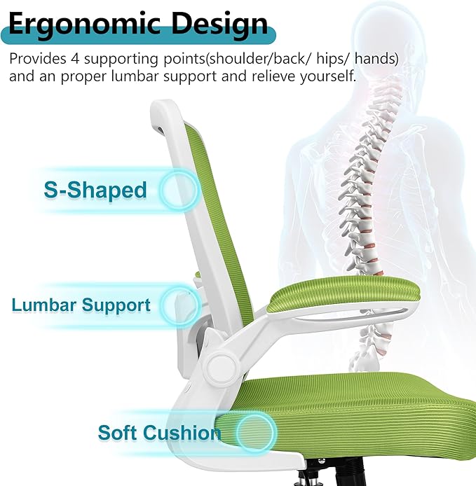 FelixKing Office Chair, Ergonomic Desk Chair Breathable Mesh Chairs with Adjustable High Back Lumbar Support Flip-up Armrests, Executive Swivel Comfy Task Computer Chairs for Home Office Green