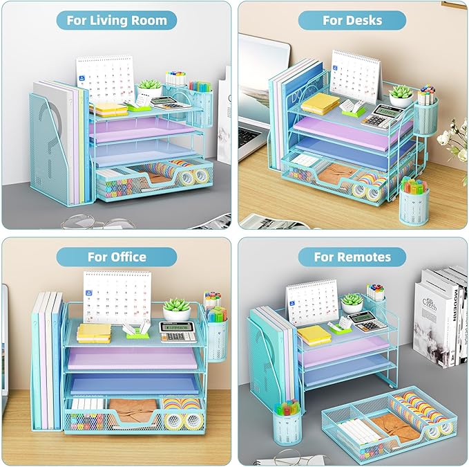 Marbrasse Desk Organizer and Accessories,4-Tier Paper Letter Tray Organizer with File Holder, Desk Accessories & Workspace Organizers with Drawer and 2 Pen Holder (Blue, 15.4" x 9.1" x 8.3")