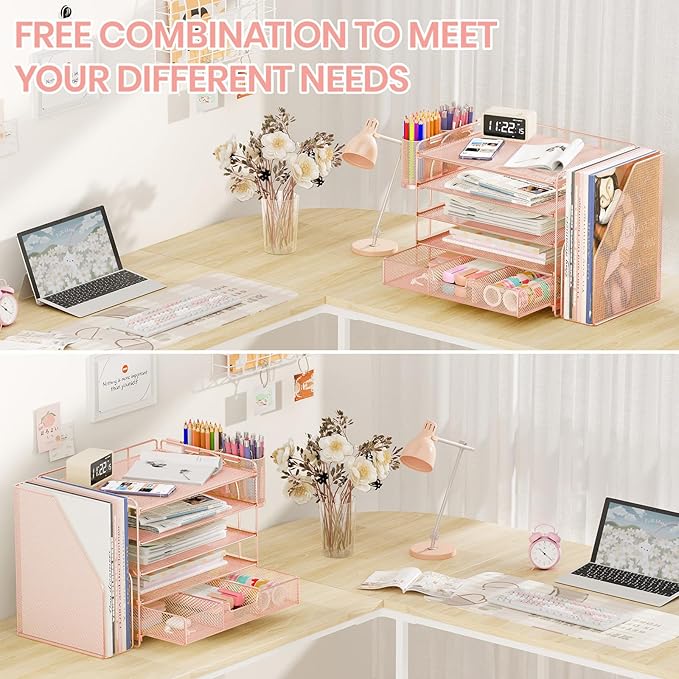 Desk Organizers and Accessories, 5-Tier Paper File Organizer with Drawer & Pen Holder, Office Desk Accessories Workspace Desktop Organizer for Office Supplies (Rose Gold)