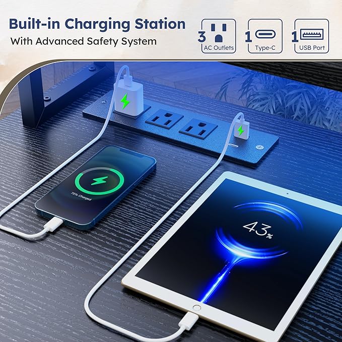 L Shaped Computer Desk with Drawers, Gaming Desk with LED Lights & Monitor Shelf, Office Desks with Power Outlets, Corner Desks for Home Office, Study Room and Bedroom, Black