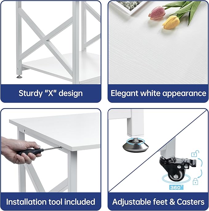 23.6 x 23.6 Inches Large Printer Stand, 2 Tier Square Printer Table with Storage Shelf for Home Office, Multi-use Rolling Cart with Wheels for Laser, 3D Printer and Mini Fridge - White