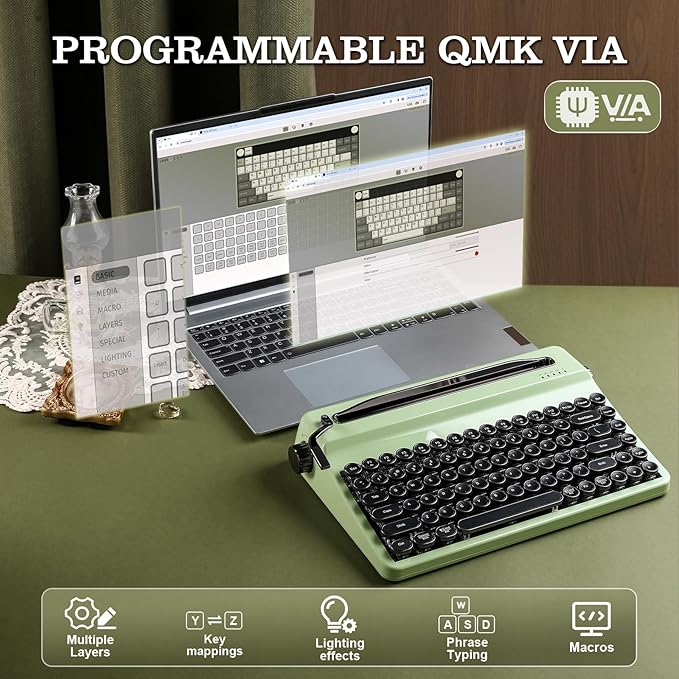 YUNZII QL75 Wireless Typewriter Hot Swap Retro Mechanical Keyboard,Punk Round Keycaps,RGB Backlit QMK/VIA Programmable,Multi-Device Keyboard with 2.4GHz/Type-C/BT5.0 (Green, Onyx Switch)