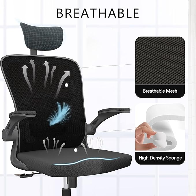 Ergonomic Office Chair, High-Back Mesh Computer Desk Chair with Adjustable Height, Lumbar Support, Flip-Up Armrests,headrest,and Swivel Rolling Design for Home and Office Use