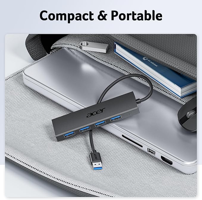 Acer USB Hub 4 Ports, Multiple USB 3.0 Hub, USBA Splitter for Laptop with Type C Power Port, Extender for A Port Laptop, PC, Desktop and More (0.7ft)